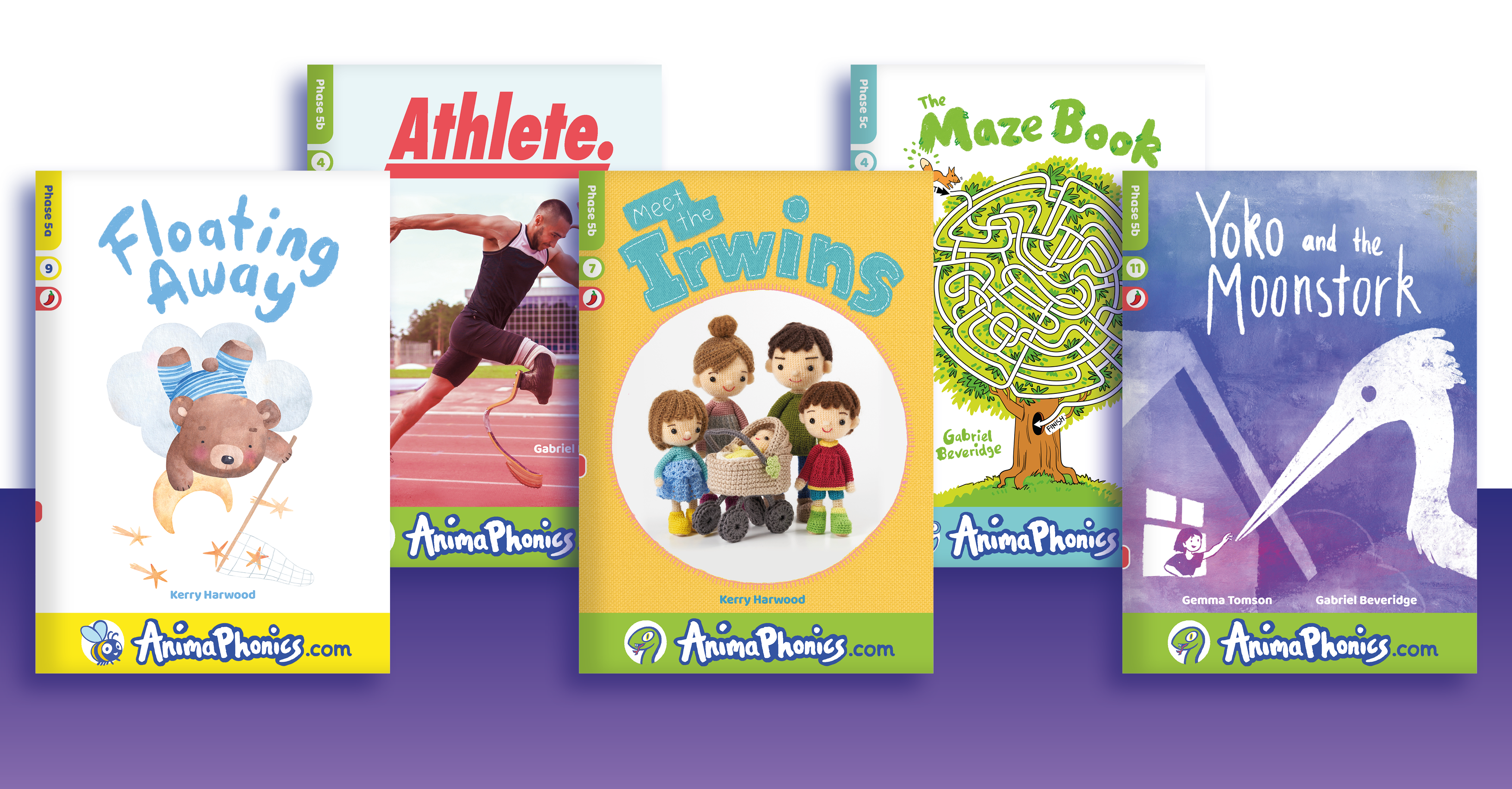 A spread of five Phase 5 books on a purple background